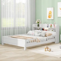 Simplie Fun Wood Full Size Platform Bed With Built-In Led Light, Storage Headboard And Guardrail, White