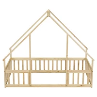 Simplie Fun Twin Wood House-Shaped Floor Bed with Fence, Guardrails, Natural