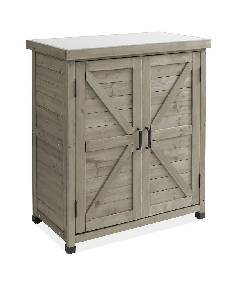 Outdoor Storage Cabinet and Potting Bench with Metal Tabletop - Wooden Garden Patio Workstation Table, Natural