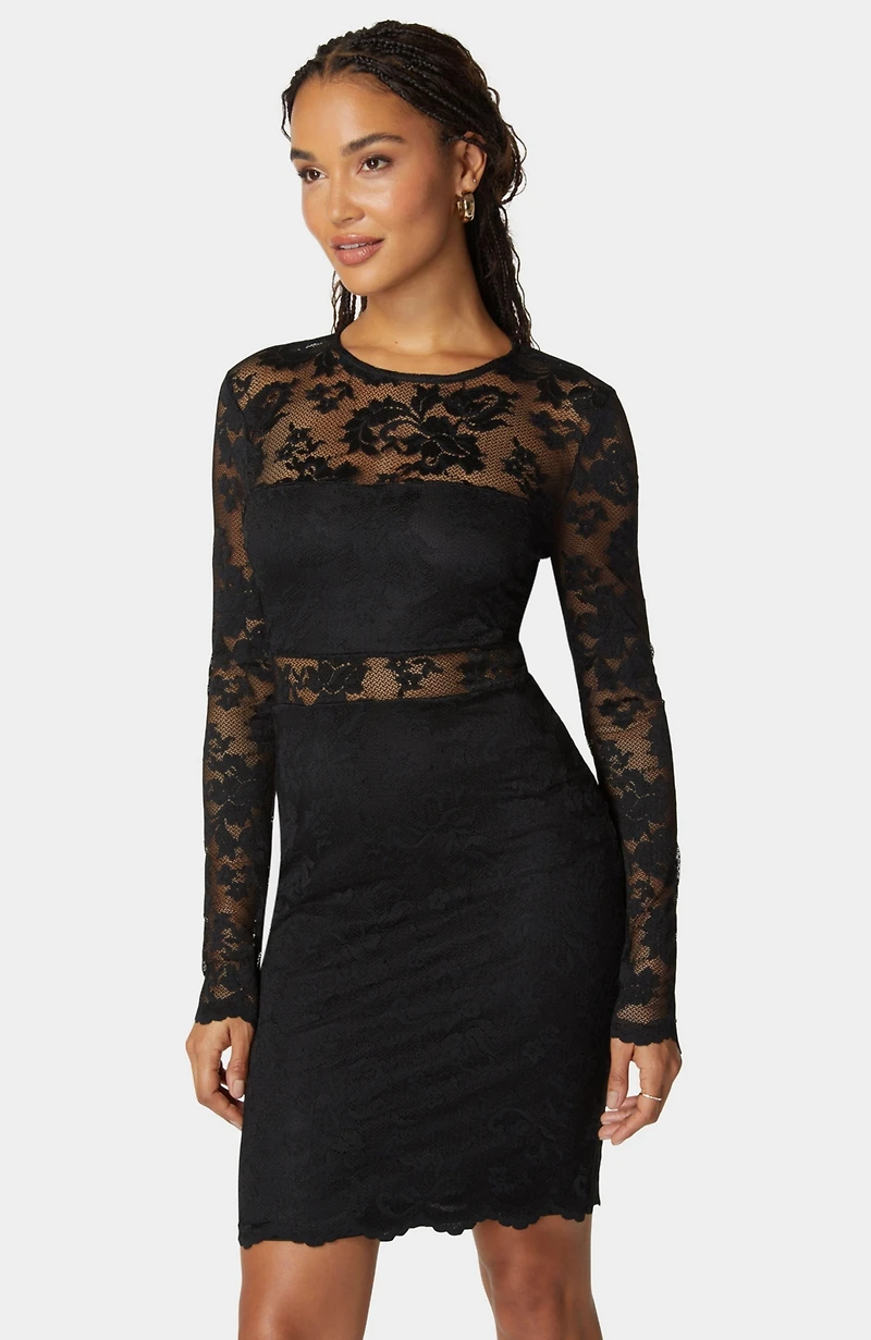 Bebe Women's Marseille Lace Long Sleeve Illusion Dress