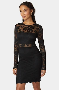 Bebe Women's Marseille Lace Long Sleeve Illusion Dress