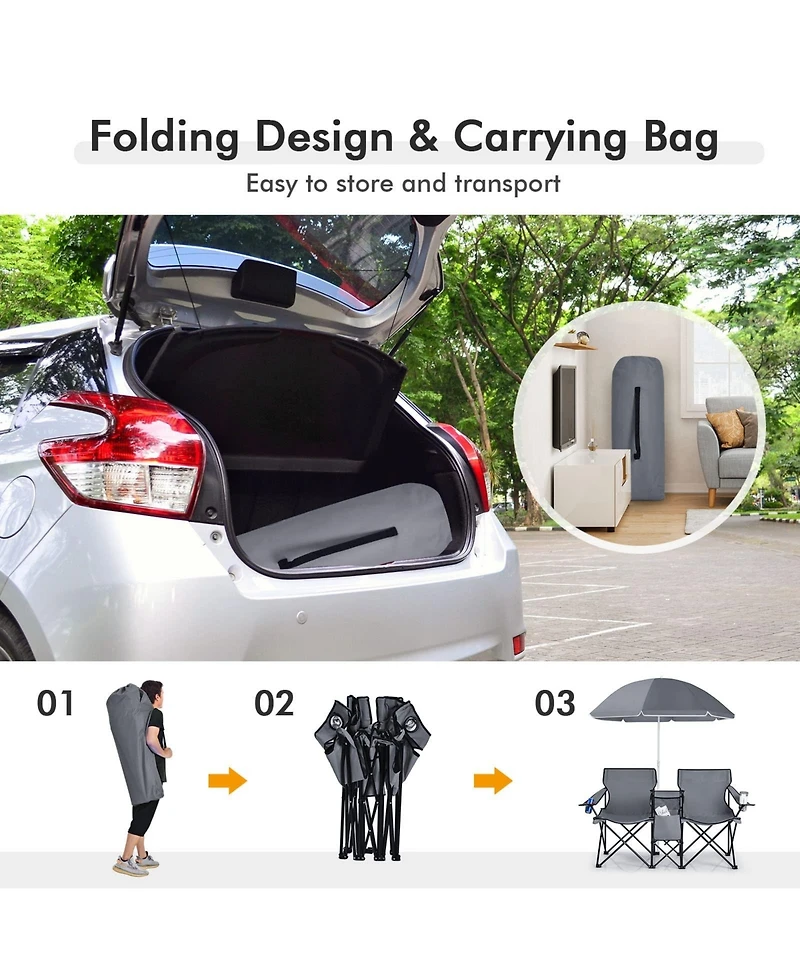 Vebreda Portable Folding Picnic Double Chair With Umbrella