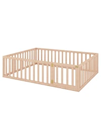 Simplie Fun Queen Size Wood Floor Bed Frame With Fence And Door