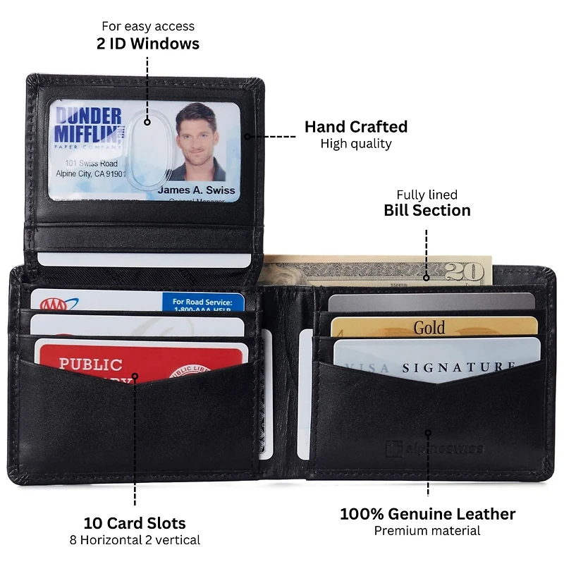 Alpine Swiss Mens Genuine Leather Rfid Safe Bifold Wallet Passcase 2 Id Windows