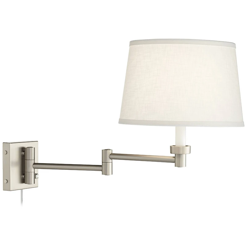 Possini Euro Design Modern Swing Arm Wall Lamp Brushed Nickel Plug-In Light Fixture White Linen Drum Shade for Bedroom Living Room