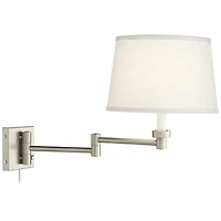 Possini Euro Design Modern Swing Arm Wall Lamp Brushed Nickel Plug-In Light Fixture White Linen Drum Shade for Bedroom Living Room