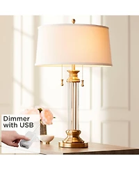 Vienna Full Spectrum Traditional Table Lamp with Usb Charging Port 30" Tall Antique Brass 2-Light Drum Shade for Living Room Bedroom House