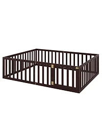 Simplie Fun Queen Size Wood Floor Bed Frame With Fence And Door, Walnut