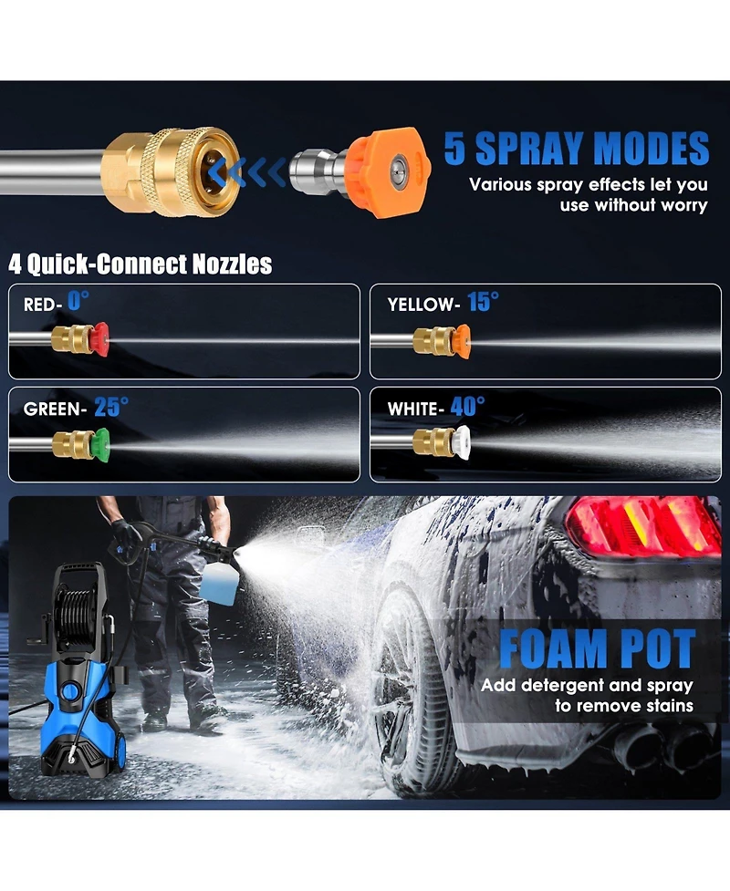 3000PSI Max 2.4 Gpm Electric Pressure Washer with 4 Nozzles, Foam Cannon & Spray Gun