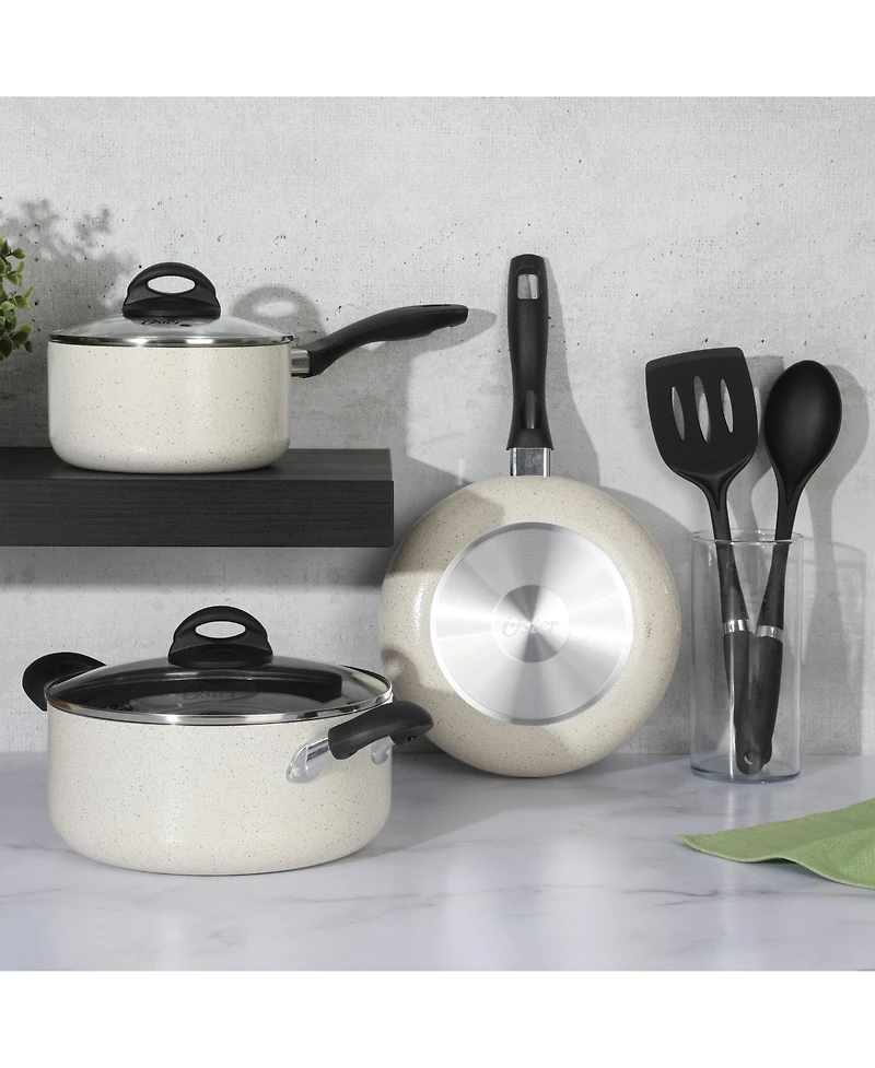 Oster Clairorne 7 Piece Aluminum Premium Nonstick Pots and Pans Cookware Set W/ Induction & Bakelte Stay Cool Handle - White W/ Speckle