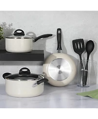 Oster Clairorne 7 Piece Aluminum Premium Nonstick Pots and Pans Cookware Set W/ Induction & Bakelte Stay Cool Handle - White W/ Speckle