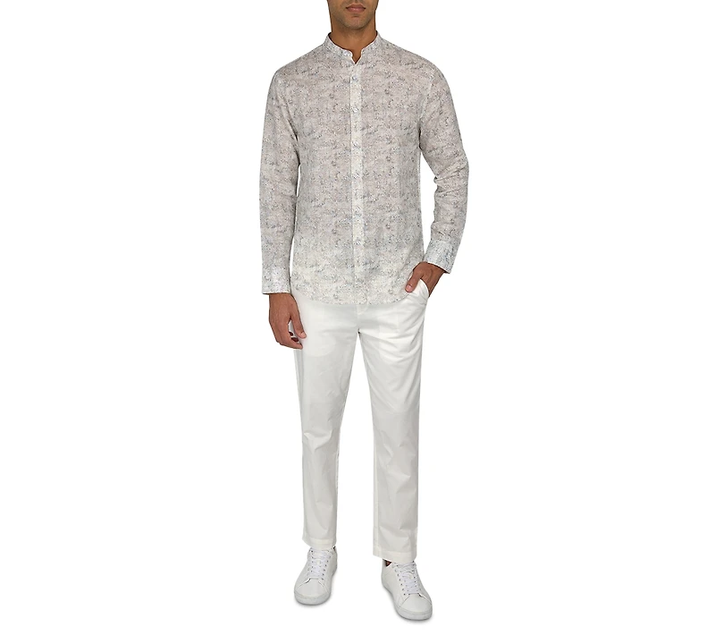 Brooklyn Brigade Men's Moisture-Wicking Abstract leaf-Print Button-Down Mandarin Shirt