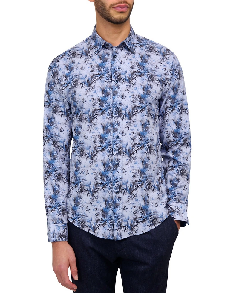Brooklyn Brigade Men's Non-Iron Performance Stretch Moisture-Wicking Abstract Leaf-Print Button-Down Shirt