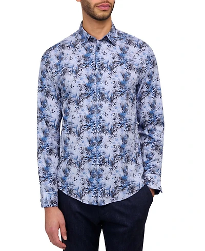 Brooklyn Brigade Men's Non-Iron Performance Stretch Moisture-Wicking Abstract Leaf-Print Button-Down Shirt
