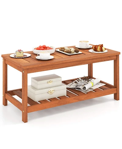 Gymax Hardwood Outdoor Patio Coffee Table 2-Tier Coffee Table w/ Slat Tabletop & Storage Shelf Natural