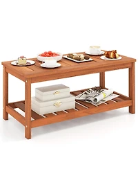 Gymax Hardwood Outdoor Patio Coffee Table 2-Tier Coffee Table w/ Slat Tabletop & Storage Shelf Natural