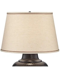 Brighton Southwest Rustic Farmhouse Table Lamp 27.25" Tall Hammered Warm Bronze Metal Pot Beige Fabric Drum Shade for Living Room Bedroom House B