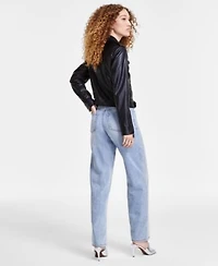Dkny Jeans Womens Faux Leather Moto Jacket Faux Leather Trim Sheer Shirt High Rise Embellished Wide Leg Jeans