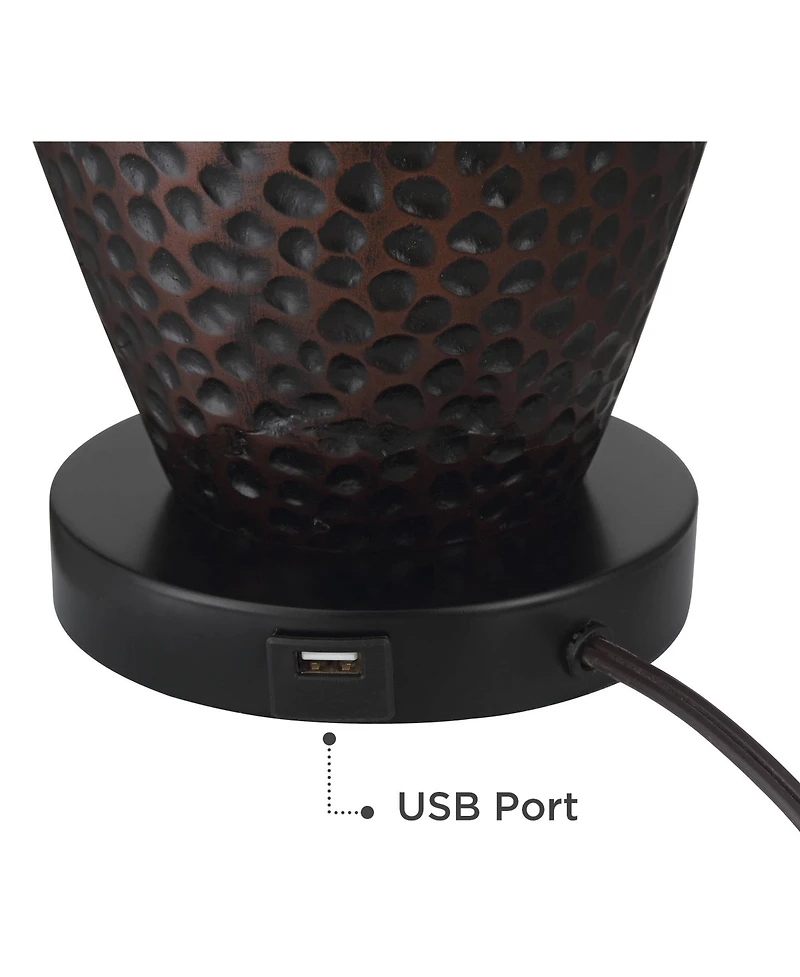 Franklin Iron Works Kaly Rustic Industrial Table Lamps 25" High Set of 2 Hammered Oiled Bronze with Usb Charging Port Faux Leather Drum Shade for