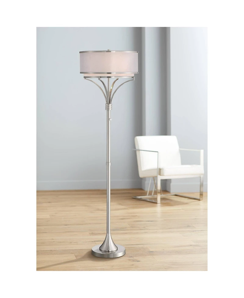 Possini Euro Design Candice Modern Floor Lamp 64" Tall Brushed Nickel Silver Organza Outer White Linen Inner Drum Shade for Living Room Bedroom O