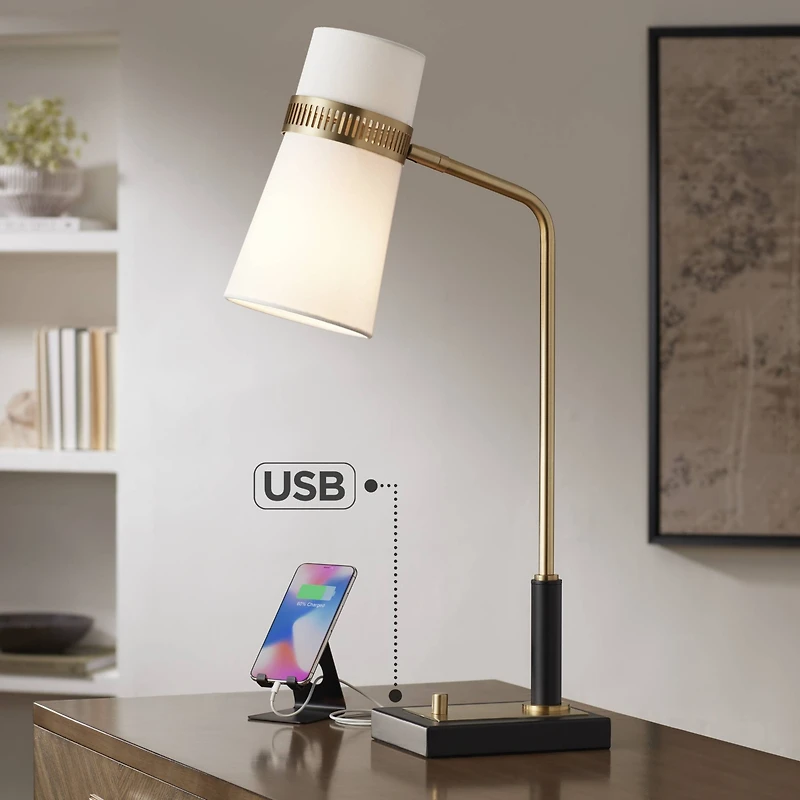 Cartwright Mid Century Modern Desk Table Lamp with Usb Port 32" Tall Antique Brass Metal Linen Shade Decor for Living Room Bedroom House Bedside Night