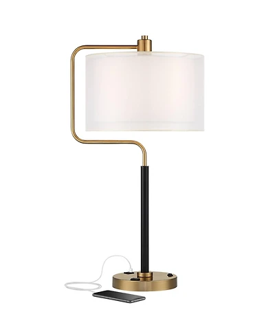 Possini Euro Design Carlyle Modern Mid Century Desk Lamp 30 1/2" Tall Gold with Usb and Ac Power Outlet in Base Double Drum Shades for Living Roo