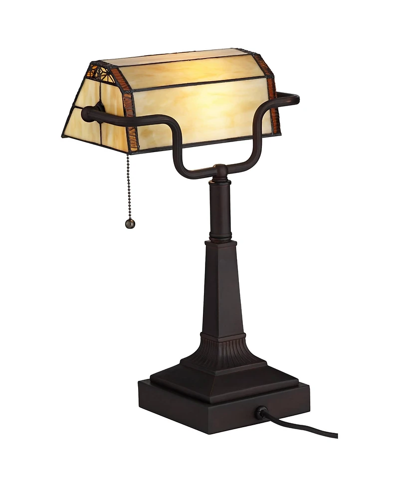 Fleura Traditional Tiffany Style Piano Banker Desk Table Lamp 17" High with Ac Power Outlet Bronze Floral Art Glass Shade Decor for Bedroom House Beds