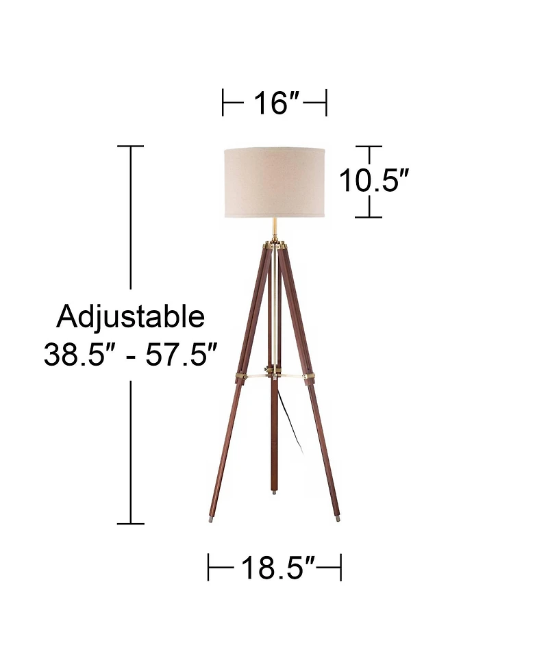 Possini Euro Design Surveyor Modern Tripod Floor Lamp 57 1/2" Tall Cherry Wood Adjustable Beige Linen Drum Shade for Living Room Bedroom Office H