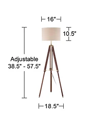 Possini Euro Design Surveyor Modern Tripod Floor Lamp 57 1/2" Tall Cherry Wood Adjustable Beige Linen Drum Shade for Living Room Bedroom Office H