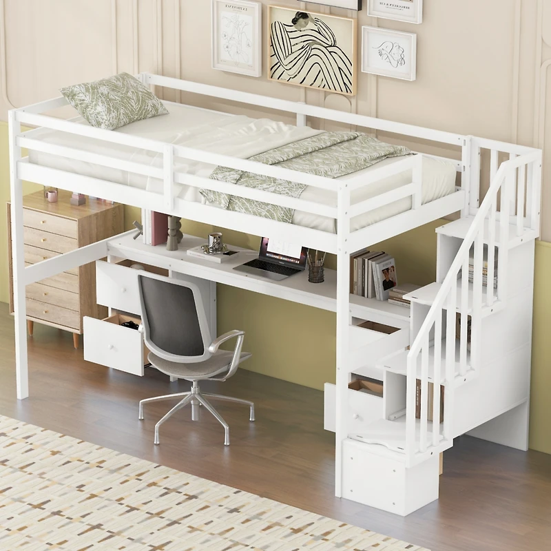 Streamdale White Loft Bed with Desk and Drawers