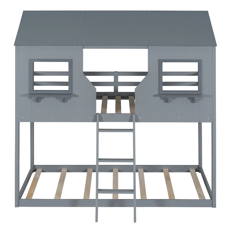 Streamdale Gray Bunk Bed with Roof, Window, and Guardrail