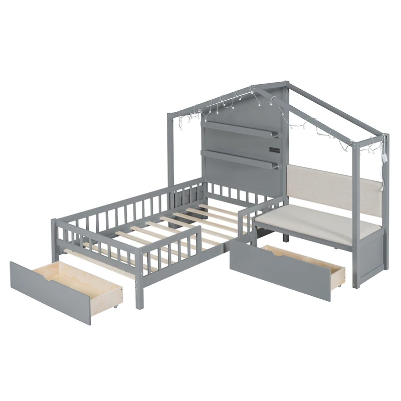 Streamdale Twin House Bed with Sofa, Charging Station, Shelves & Drawers