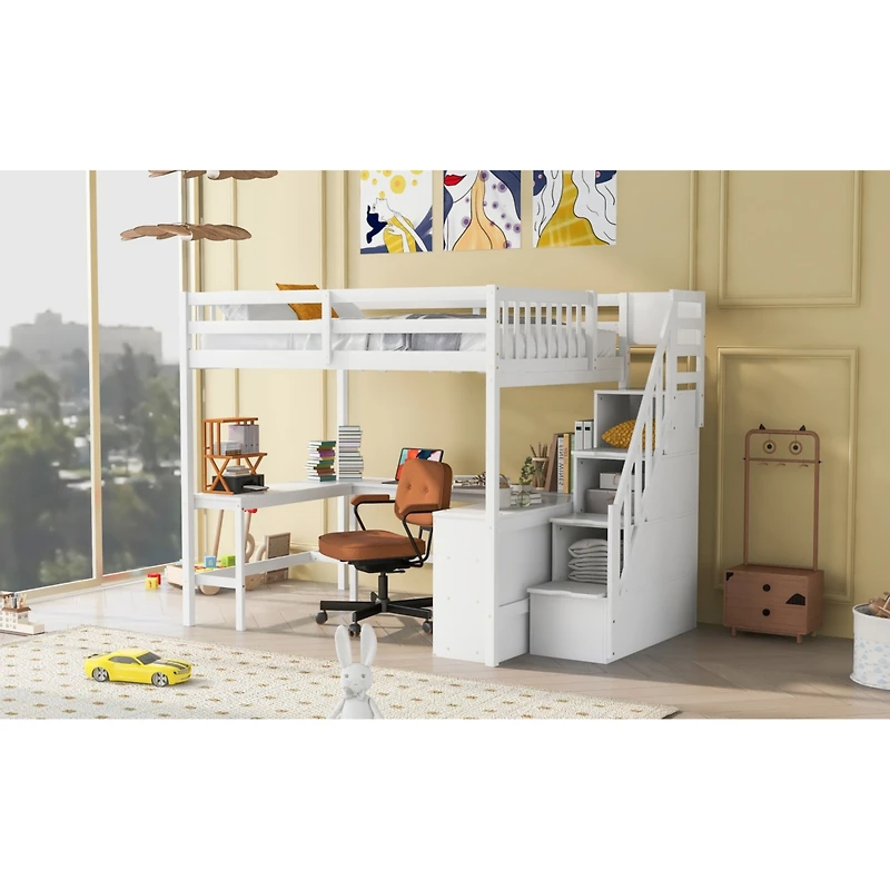 Streamdale Loft Bed with Desk, Shelves, and Staircase, Gray