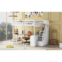 Streamdale Loft Bed with Desk, Shelves, and Staircase, Gray