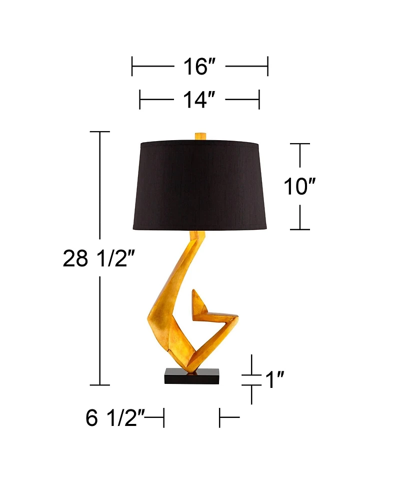Possini Euro Design Zeus Modern Mid Century Table Lamp 28 1/2" Tall Sculptural Gold Leaf Metal Black Drum Shade Bedroom Living Room Bedside Night