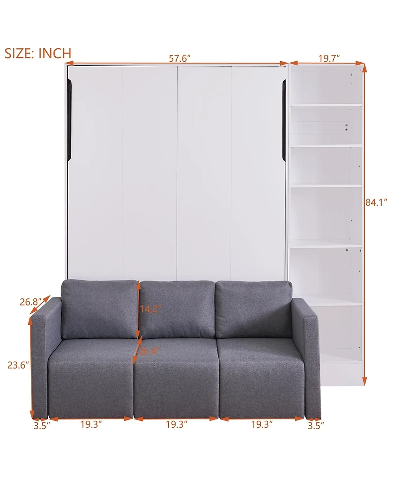 Simplie Fun Full Size Murphy Bed Wall Bed with Sofa, with Shelves, White