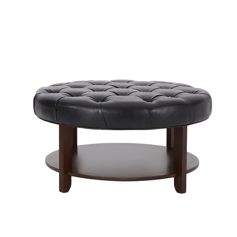 Streamdale Contemporary Faux Leather Tufted Ottoman with Open Shelf
