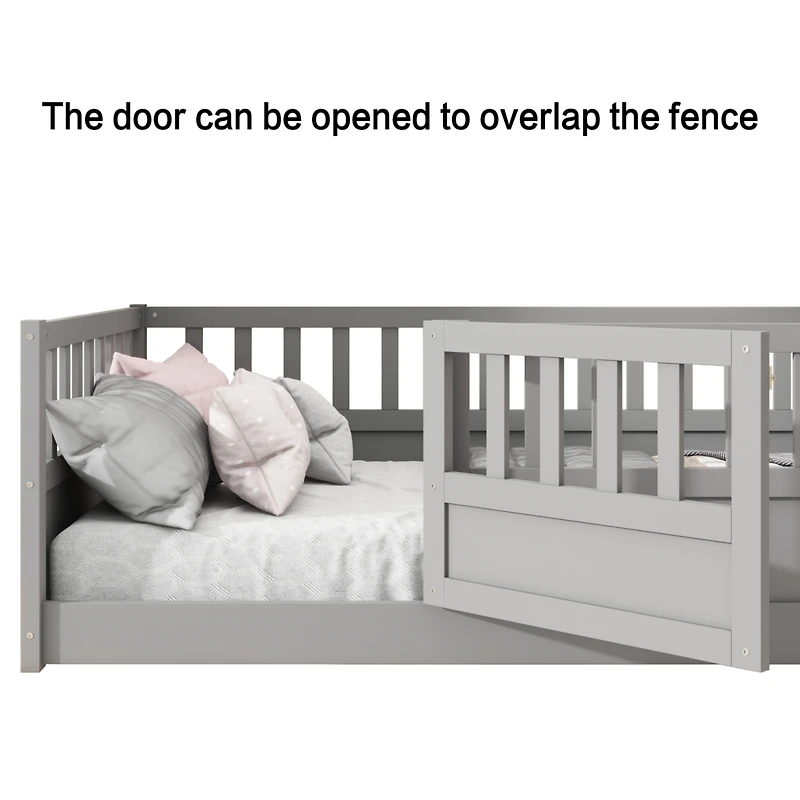 Streamdale Twin Floor Bed with Barrier and Door, Montessori Wooden Frame in Grey