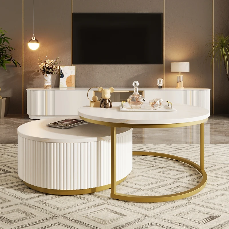 Streamdale Modern Fluted Nesting Coffee Table with Drawer (White & Gold)