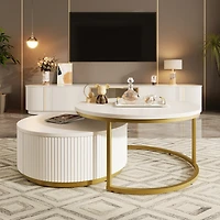 Streamdale Modern Fluted Nesting Coffee Table with Drawer (White & Gold)