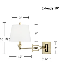 Barnes and Ivy Eleganta Swing Arm Wall Lamp with Cord Cover Brushed Satin Brass Plug-in Light Fixture White Linen Empire Shade for Bedroom Living Room