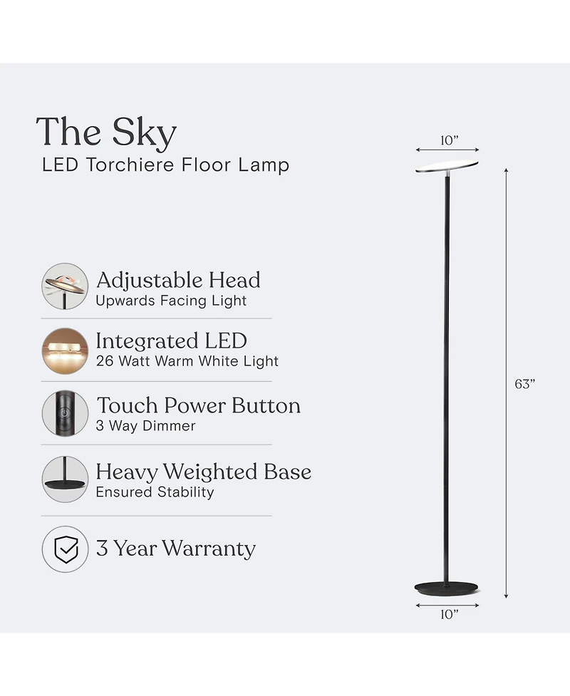 Sky 63" Super Bright Led Torchiere Modern Floor Lamp with Adjustable Head