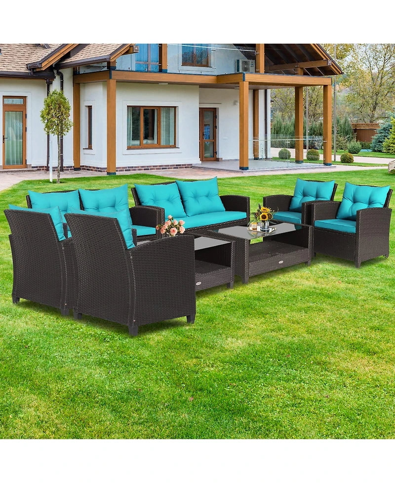 8 Pcs Patio Rattan Furniture Set Glass Table Shelf Sofa Cushion Black
