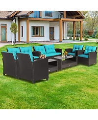 8 Pcs Patio Rattan Furniture Set Glass Table Shelf Sofa Cushion Black