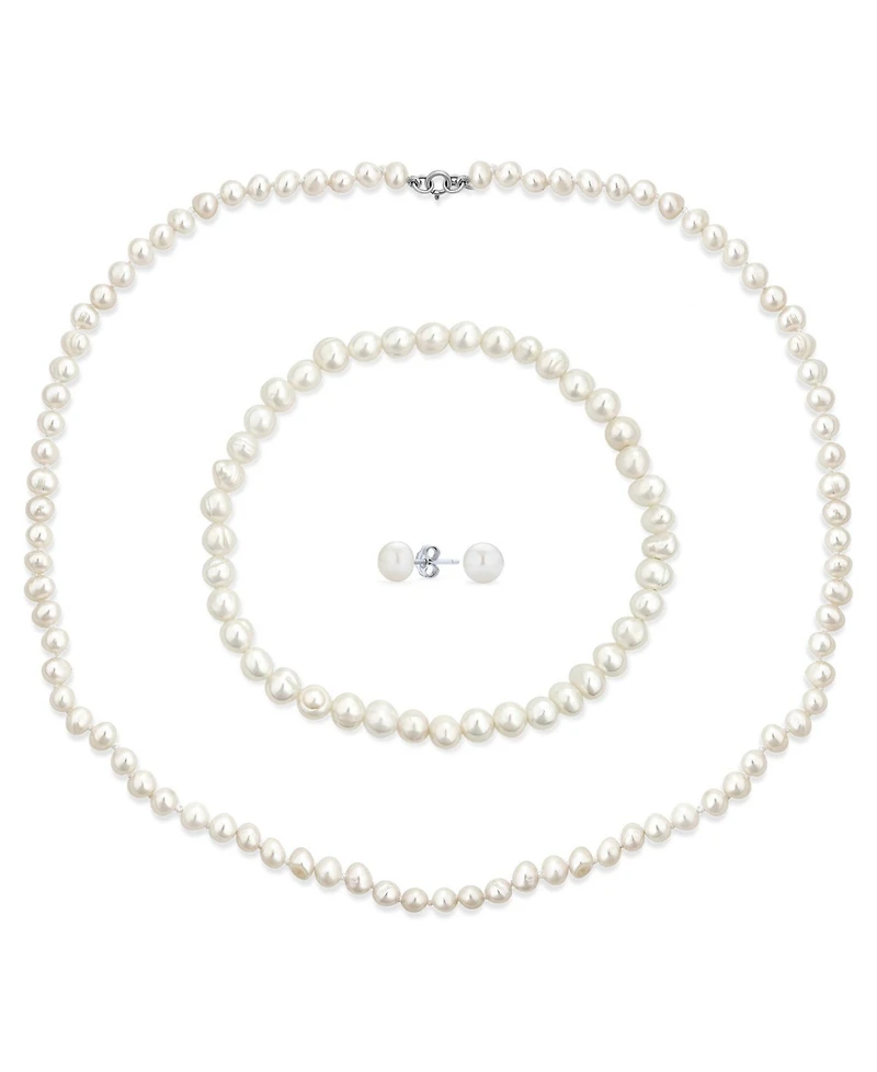 Bling Jewelry White Hand Knotted Freshwater Cultured Pearl Strand Necklace 18" Stretch Bracelet Ball Earrings 6MM 3PCS Jewelry Set