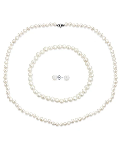 Bling Jewelry White Hand Knotted Freshwater Cultured Pearl Strand Necklace 18" Stretch Bracelet Ball Earrings 6MM 3PCS Jewelry Set