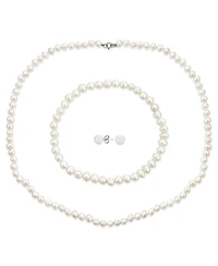 Bling Jewelry White Hand Knotted Freshwater Cultured Pearl Strand Necklace 18" Stretch Bracelet Ball Earrings 6MM 3PCS Jewelry Set