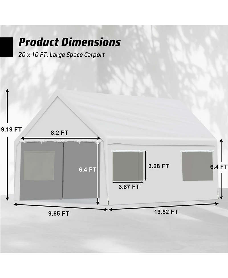 Aoodor 20 x 10 Ft. Vehicle Carport Canopy Portable Garage Party Canopy Tent Boat Shelter, Heavy Duty Metal Frame with Removable Rool-up Sidewalls and