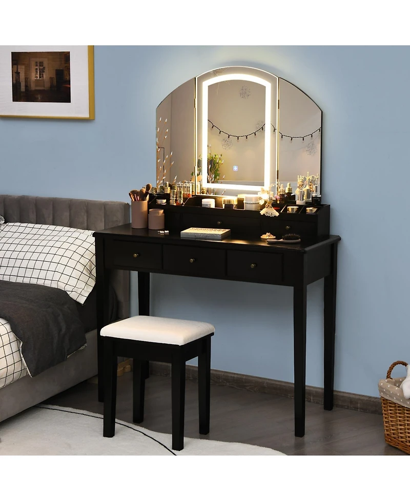 Sugift Vanity Table Stool Set with Large Tri-folding Lighted Mirror