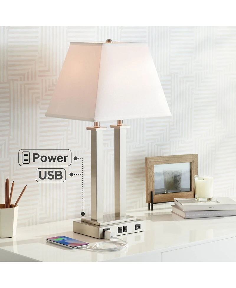 Possini Euro Design Amity Modern Table Lamp 26" High Brushed Nickel with Usb and Ac Power Outlet in Base White Linen Shade for Bedroom Bedside De